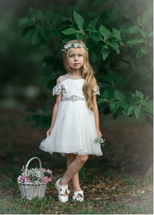 Cold Shoulder Ivory Lace Tulle Short Flower Girl Dress